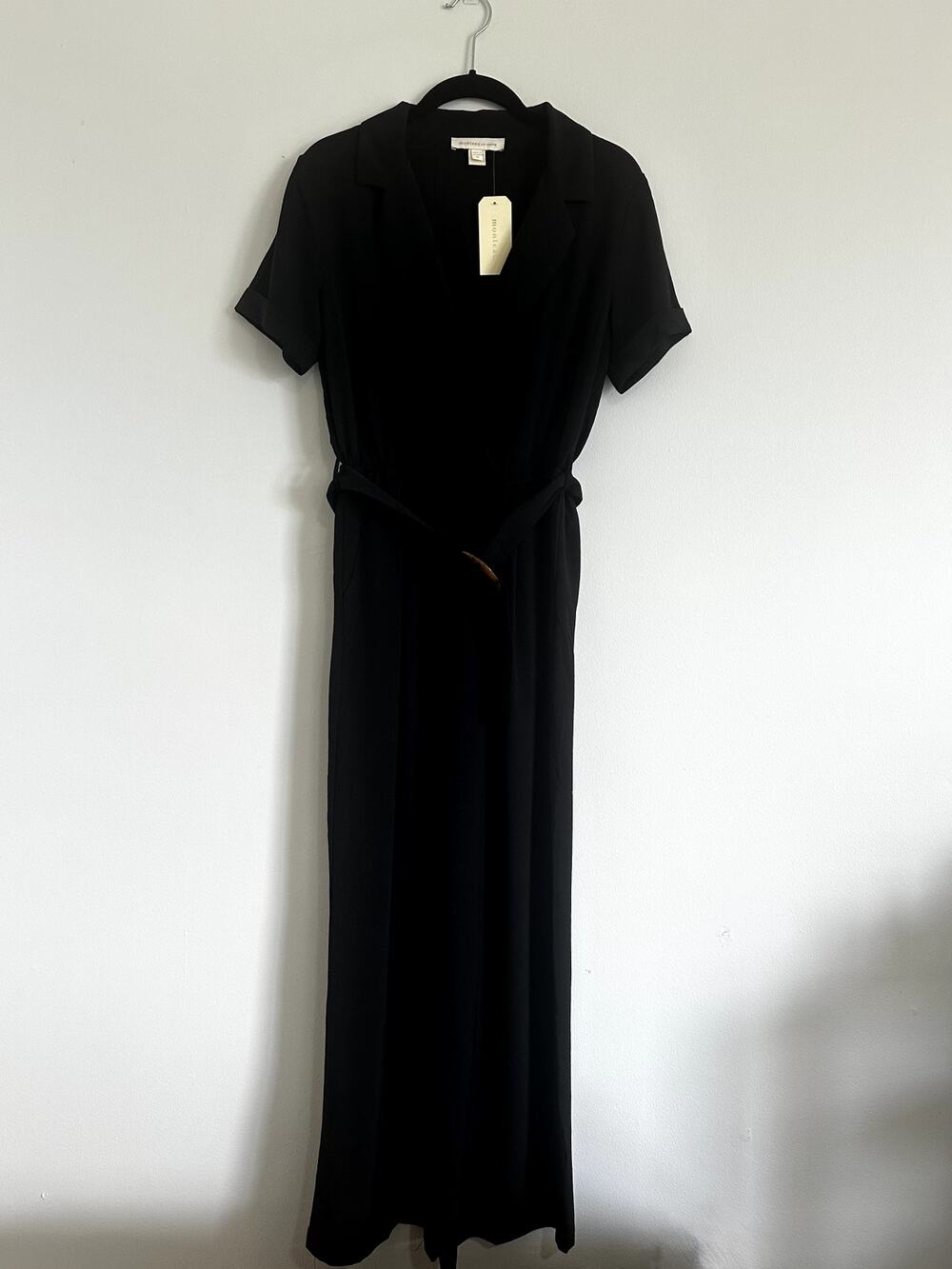 Monteau Los Angeles Black Wide Leg Belted Jumpsuit Collared Short Sleeve M